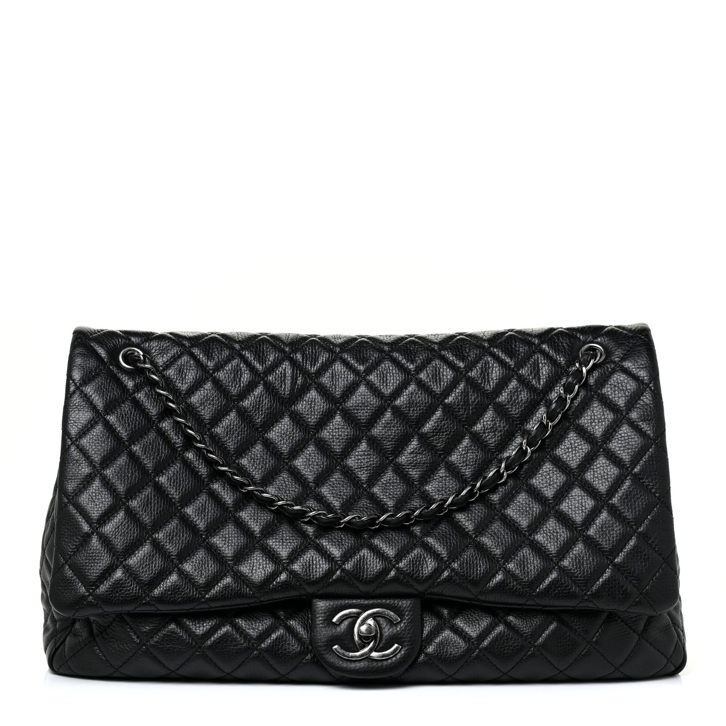 Calfskin Quilted XXL Travel Flap Bag Black