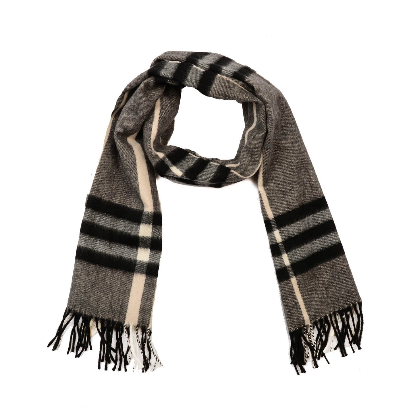Cashmere Classic Check Fringe Scarf Mid Grey