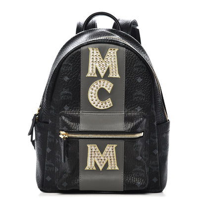 MCM Visetos Studded Small Studded Logo Stripe Backpack Black 1 of 9