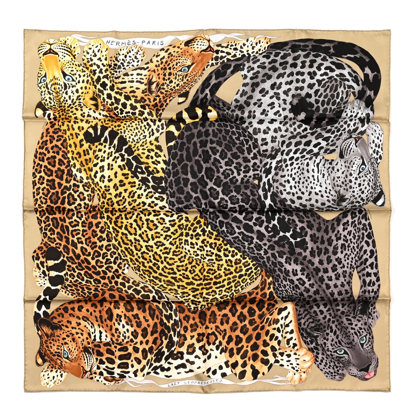 Silk Twill Lazy Leopardesses Scarf 90 Camel Anthracite