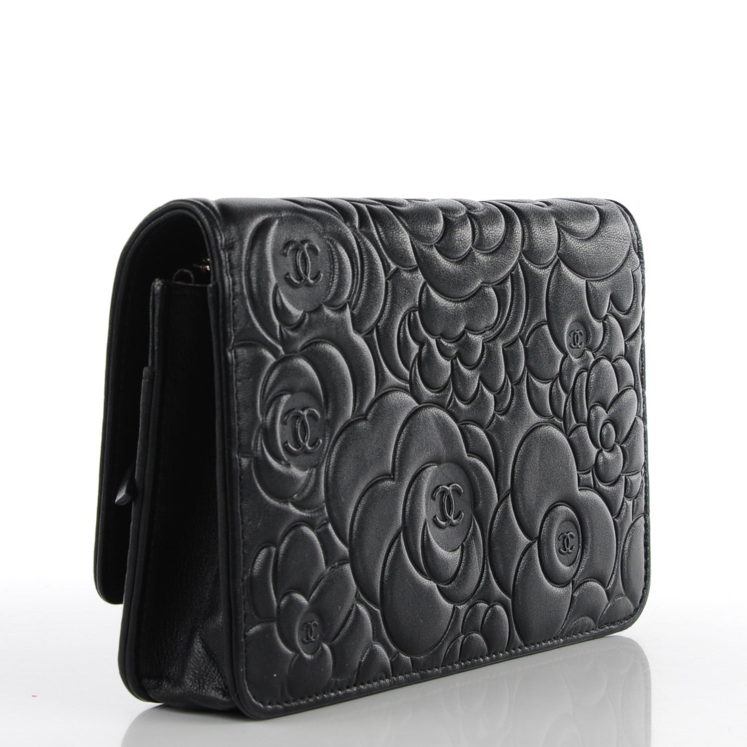 Chanel Lambskin Camellia Embossed Wallet on Chain WOC Black 3 of 8