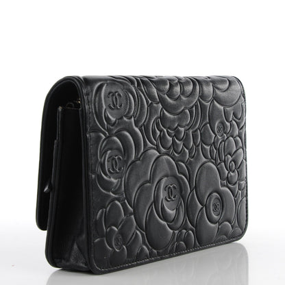 Chanel Lambskin Camellia Embossed Wallet on Chain WOC Black 3 of 8