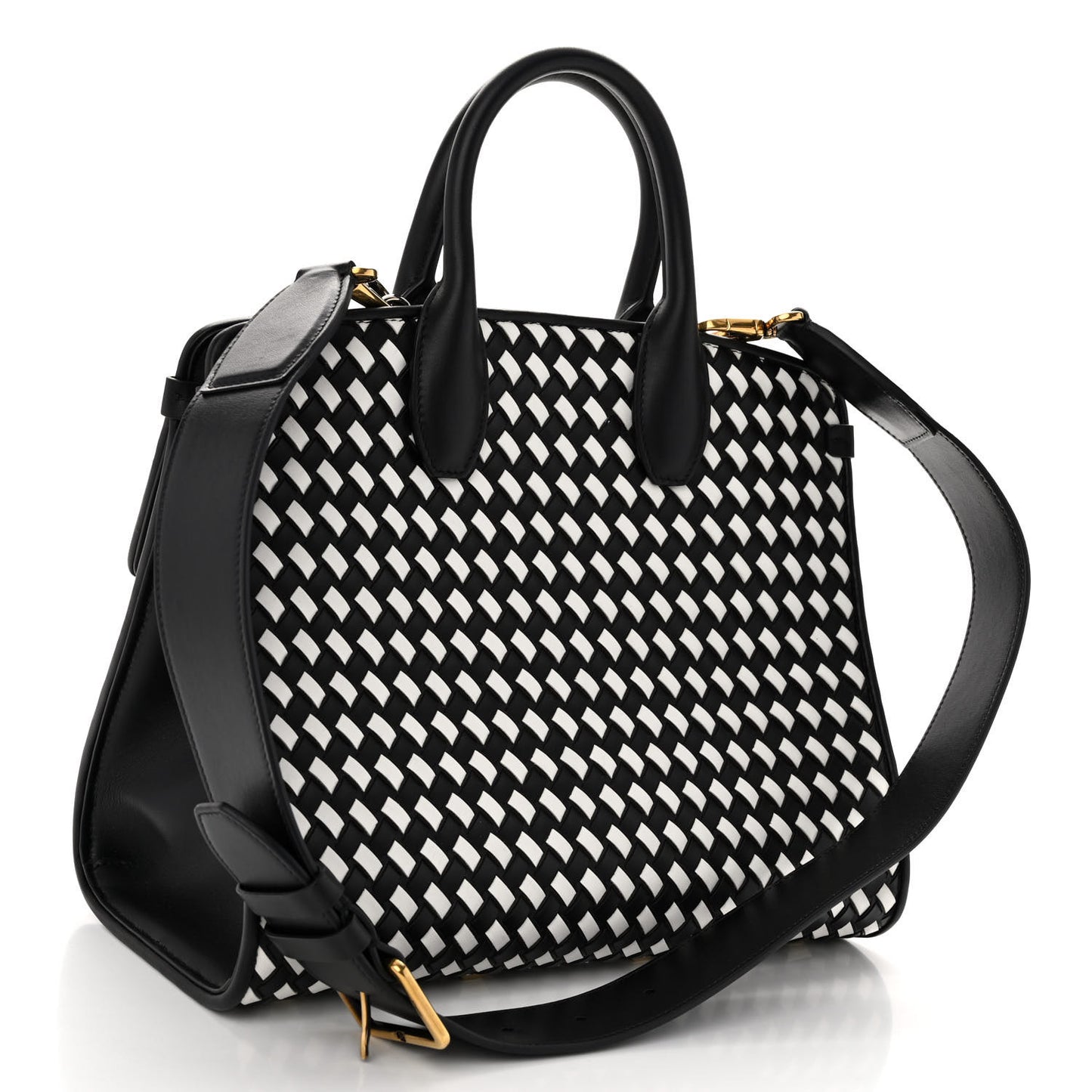 Woven Calfskin Medium Studio Top Handle Bag Black White