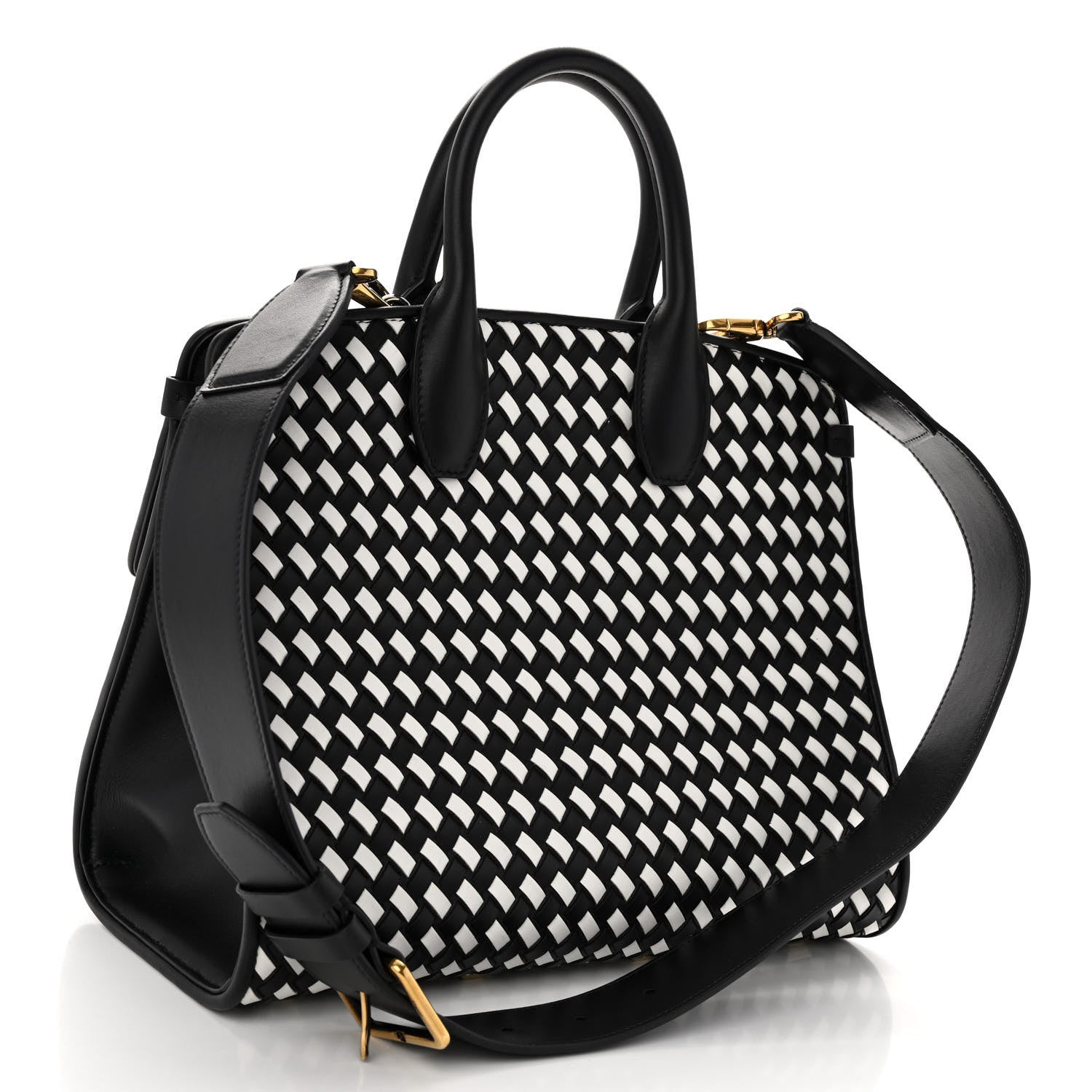Salvatore Ferragamo Woven Calfskin Medium Studio Top Handle Bag Black White 3 of 9