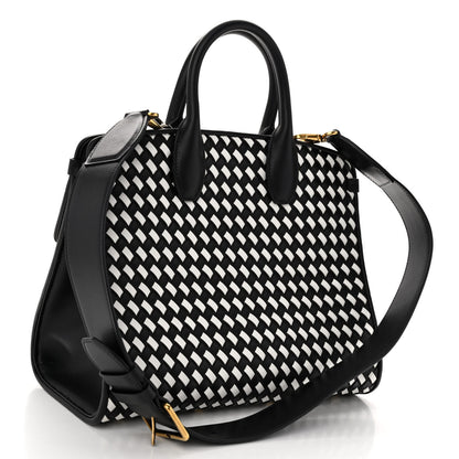 Salvatore Ferragamo Woven Calfskin Medium Studio Top Handle Bag Black White 3 of 9