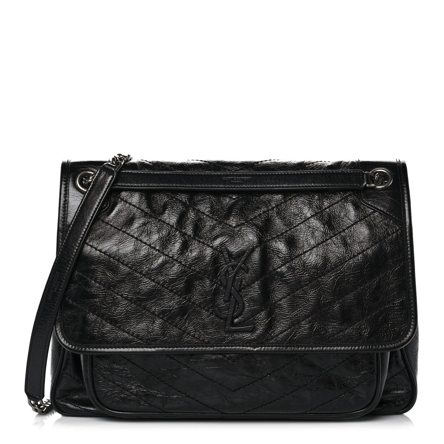Crinkled Calfskin Matelasse Monogram Large Niki Chain Satchel Black