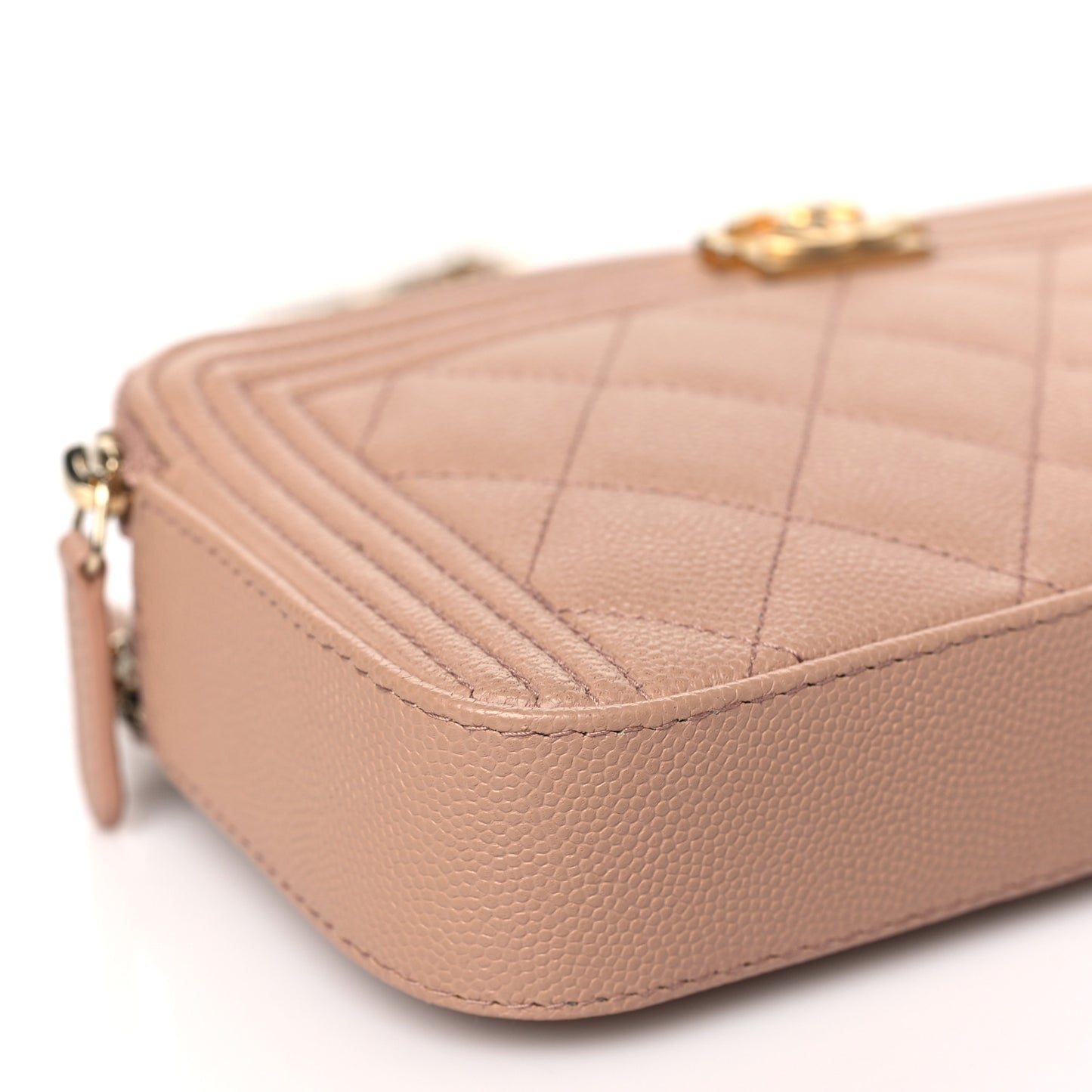Caviar Quilted Small Boy Clutch With Chain Beige