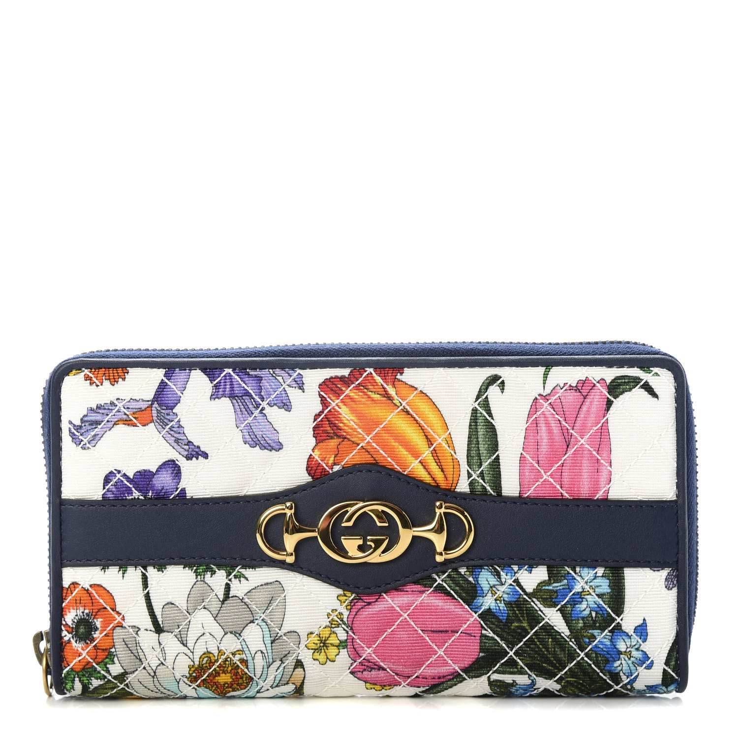 Gucci Canvas Flora Floral Trapuntata Zumi Zip Around Wallet Great White Multicolor Blue Agata 1 of 7