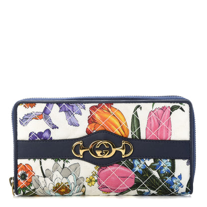 Gucci Canvas Flora Floral Trapuntata Zumi Zip Around Wallet Great White Multicolor Blue Agata 1 of 7