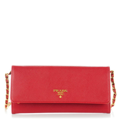 Prada Saffiano Metal Oro Chain Wallet Cherry 1 of 9