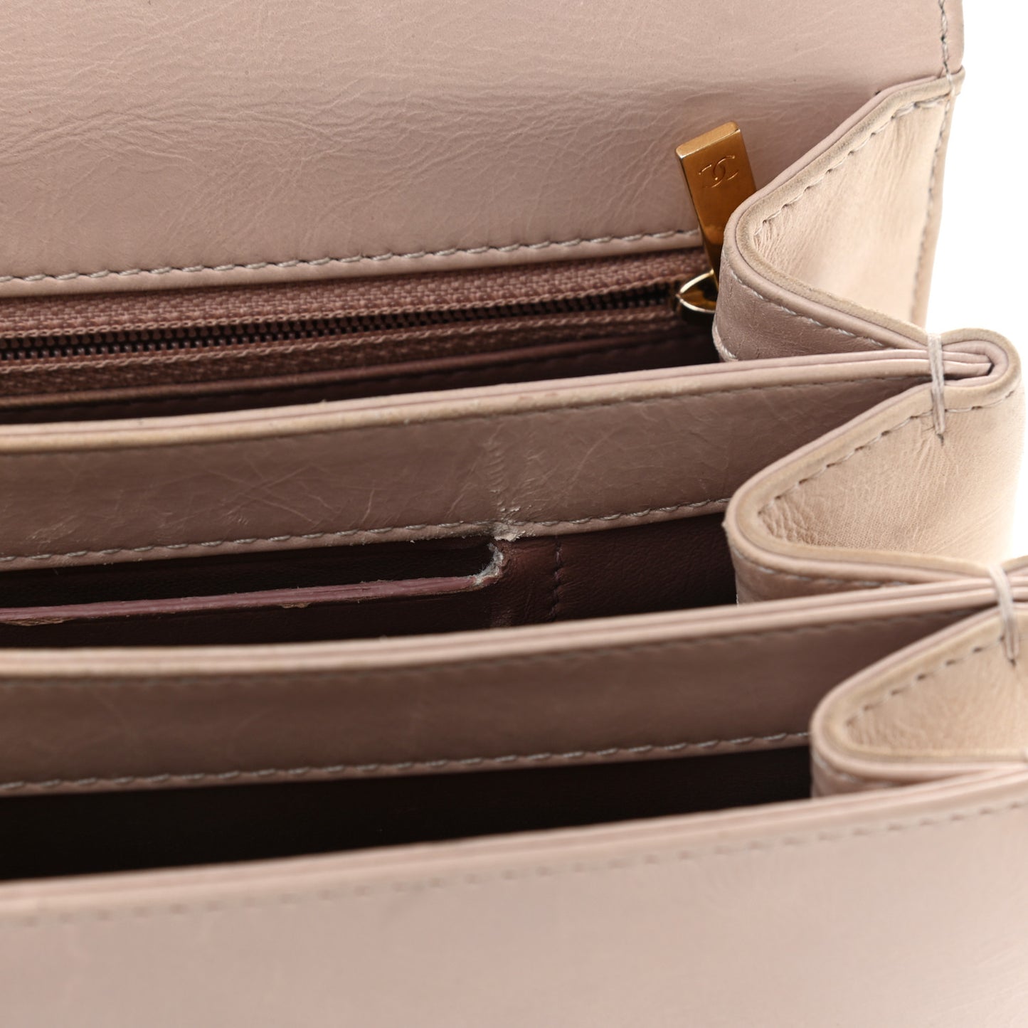Glazed Calfskin Quilted Mini Straight Lined Flap Beige