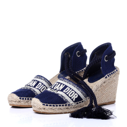 Christian Dior Canvas Embroidered Granville Ankle Tie Espadrille Wedges 36.5 Indigo Blue 6 of 15