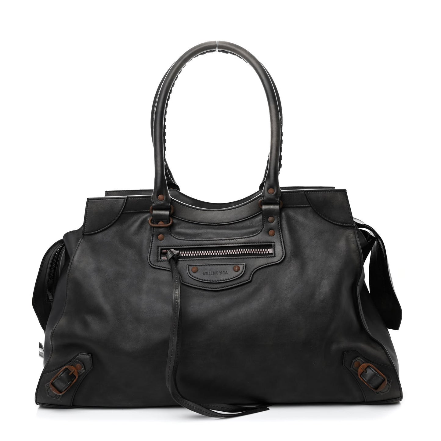 Used Calfskin Rust Hardware Large Top Handle Bag Black