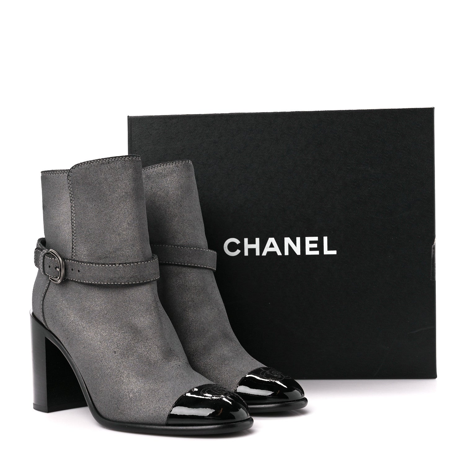 Chanel Suede Kidskin Patent Cap Toe Interlocking CC Ankle Boots 39 Dark Silver Black 10 of 10