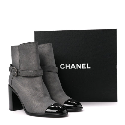 Chanel Suede Kidskin Patent Cap Toe Interlocking CC Ankle Boots 39 Dark Silver Black 10 of 10