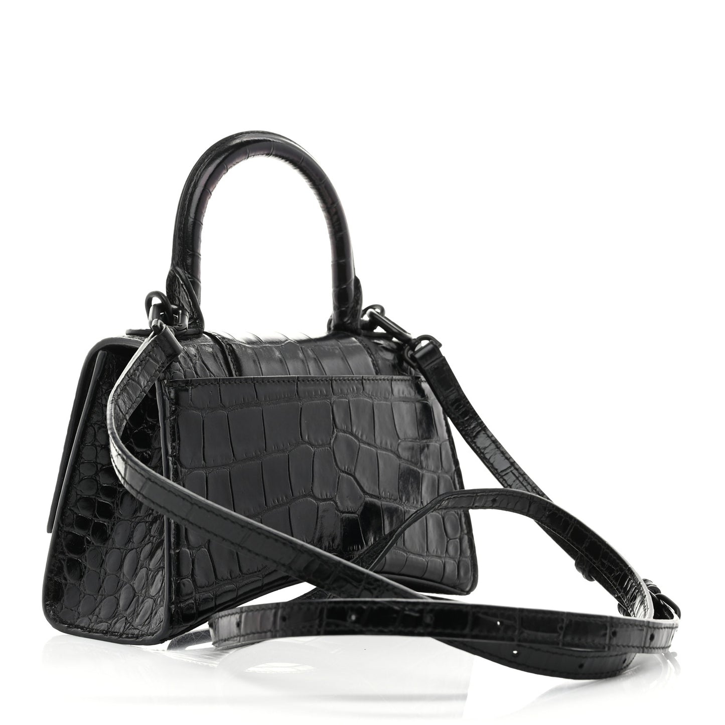 Shiny Calfskin Monochrome Crocodile Embossed Hourglass Top Handle Bag XS Black