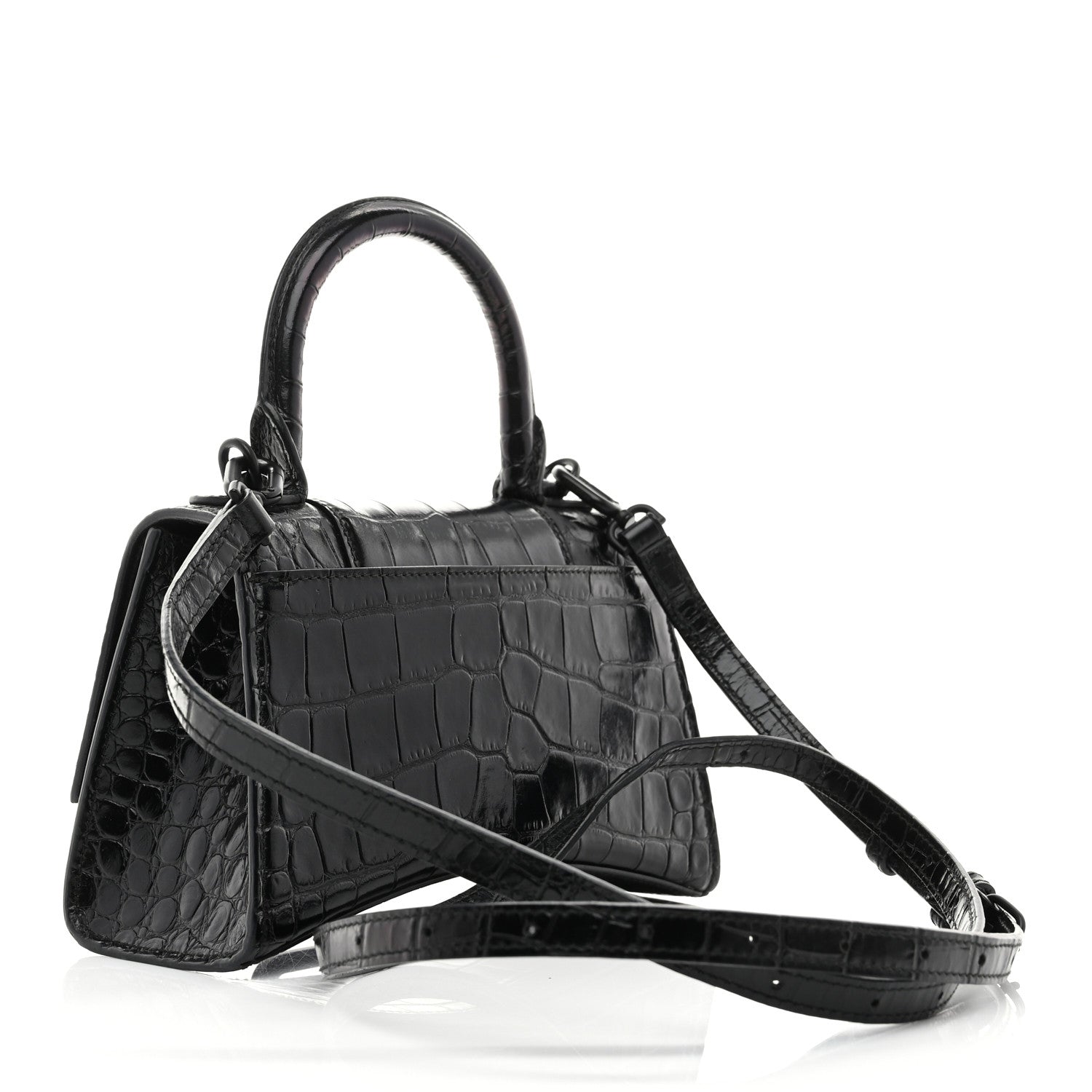 Balenciaga Shiny Calfskin Monochrome Crocodile Embossed Hourglass Top Handle Bag XS Black 3 of 11