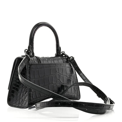 Balenciaga Shiny Calfskin Monochrome Crocodile Embossed Hourglass Top Handle Bag XS Black 3 of 11