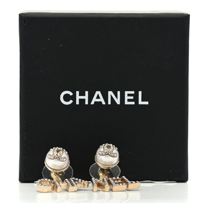 Chanel Pearl Crystal Logo Earrings Gold Pearly White 5 of 5