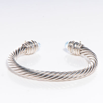 David Yurman Sterling Silver 14K Yellow Gold 7mm Blue Topaz Pink Tourmaline Renaissance Cable Bracelet 3 of 9