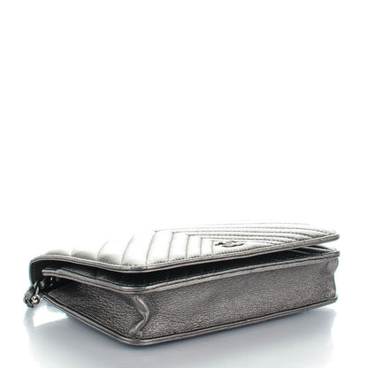 Chanel Metallic Calfskin Chevron Quilted Wallet On Chain WOC Dark Silver 4 of 8