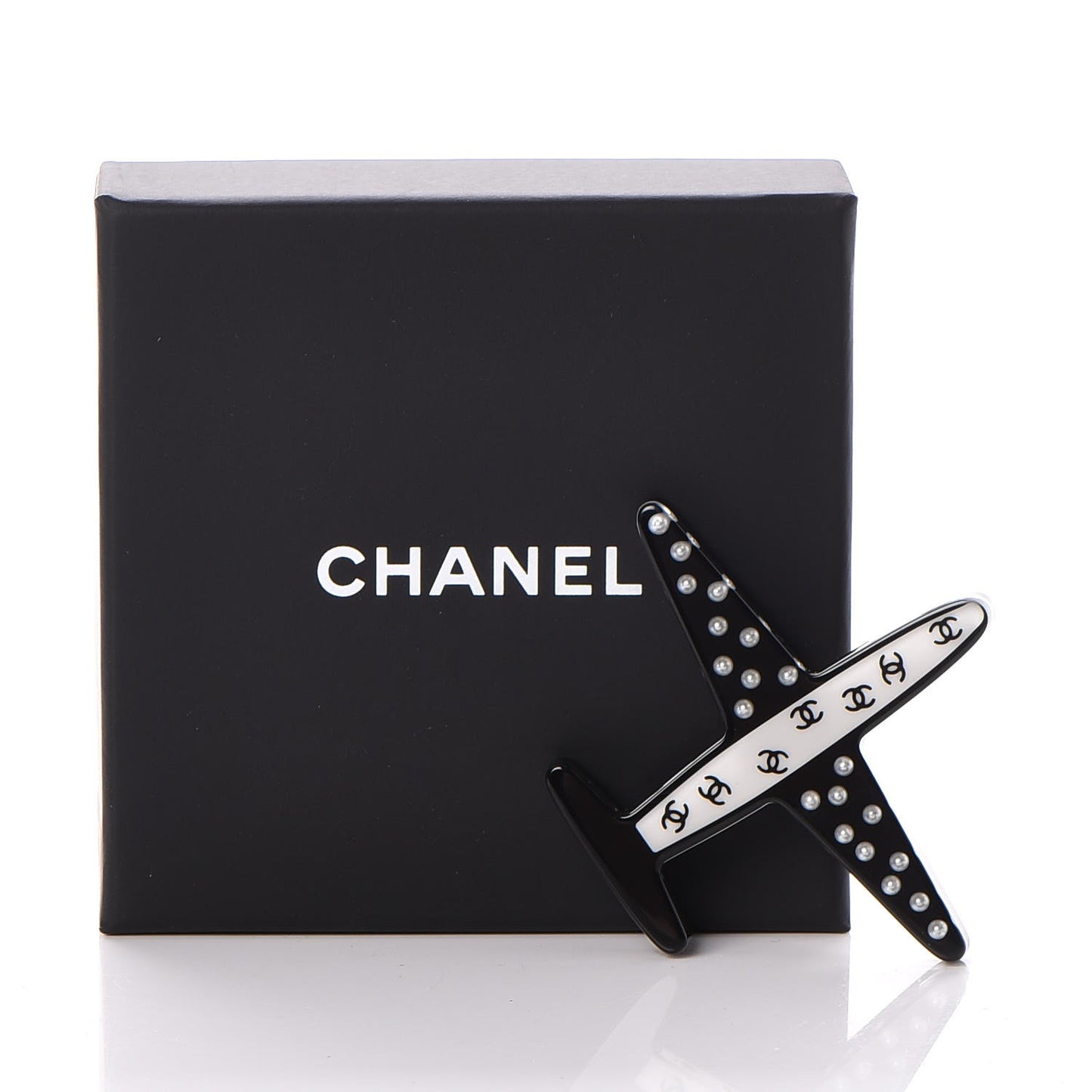 Resin Pearl CC Airplane Brooch Black White