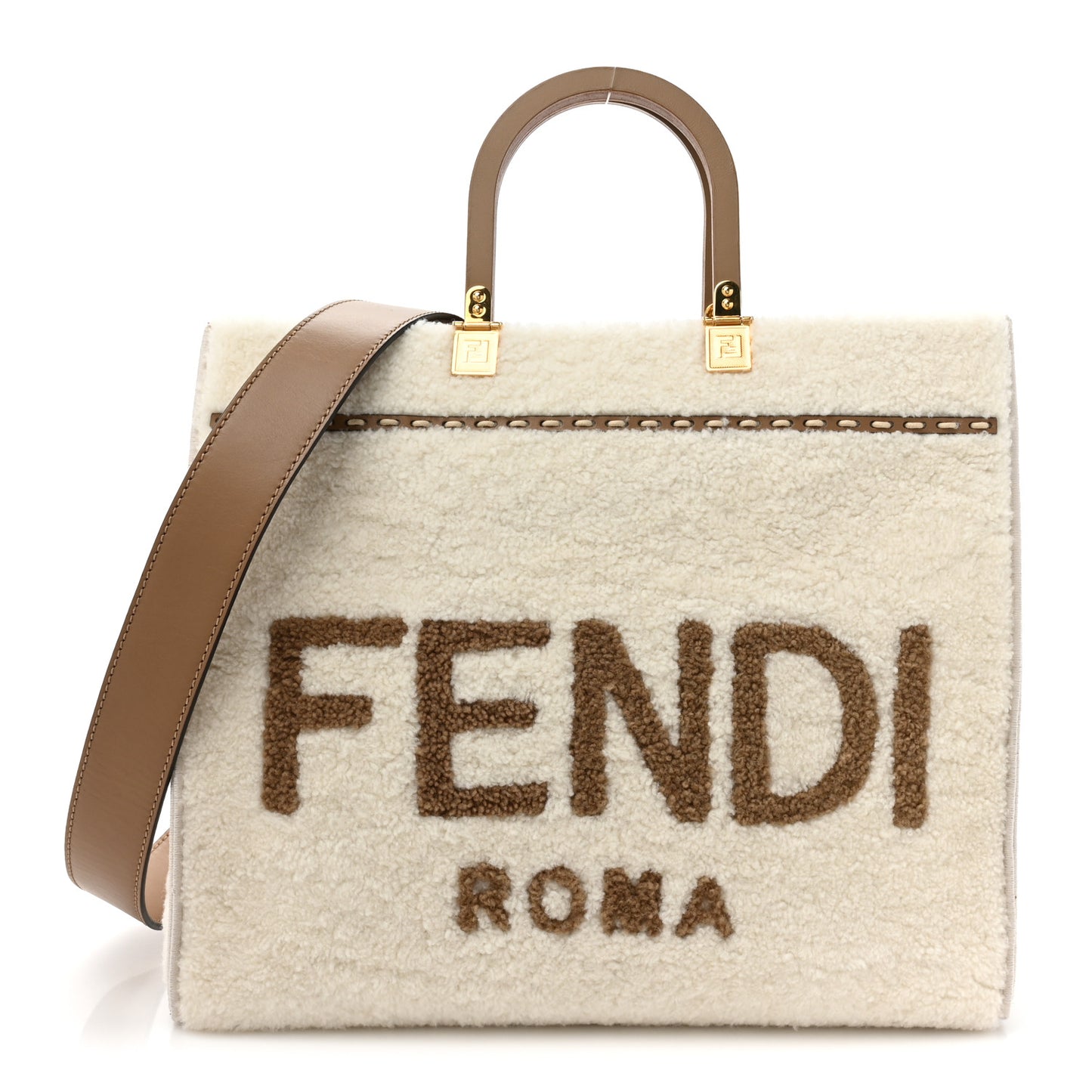 Shearling Vitello King Logo Medium Fendi Sunshine Shopper Tote White