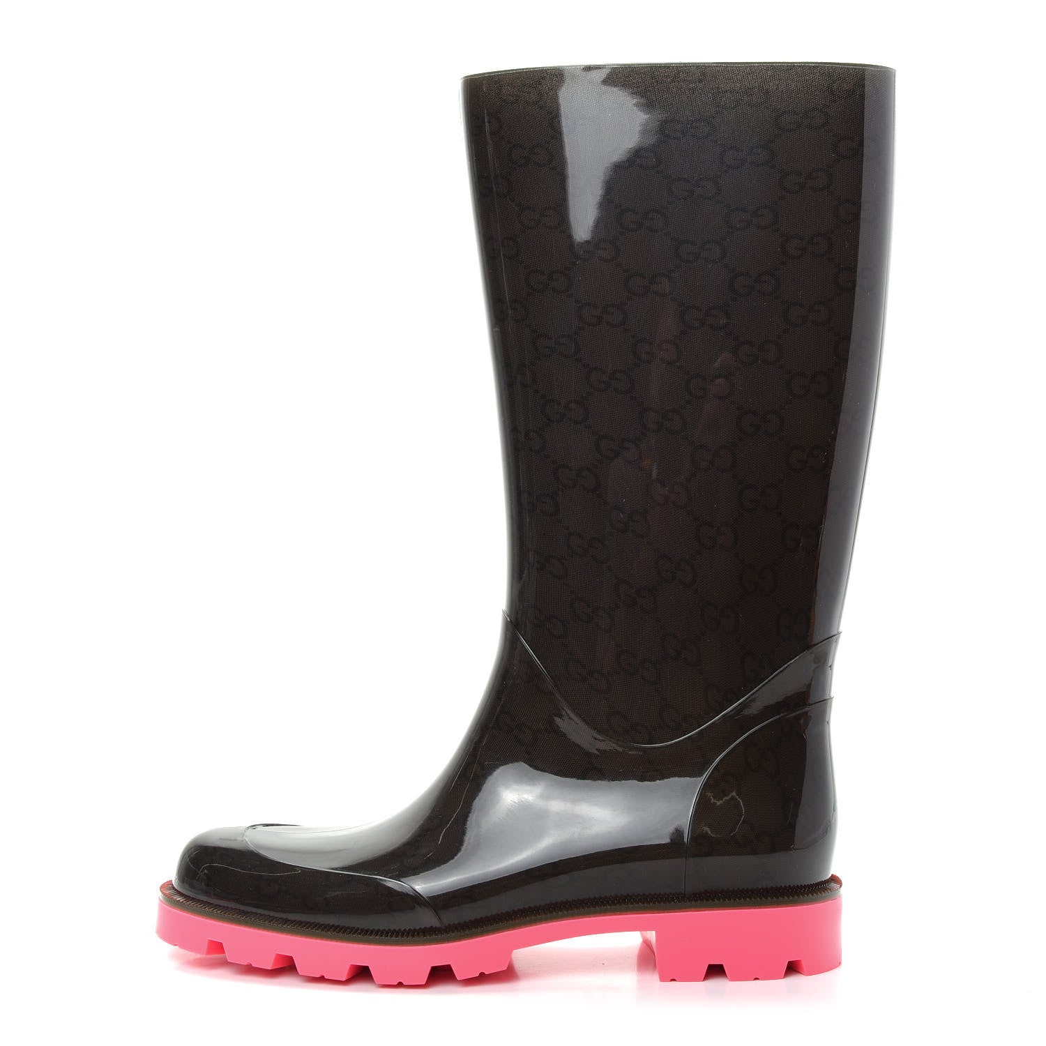Gucci Rubber Monogram Edinburg Rain Boots 38 Pink Brown 1 of 9