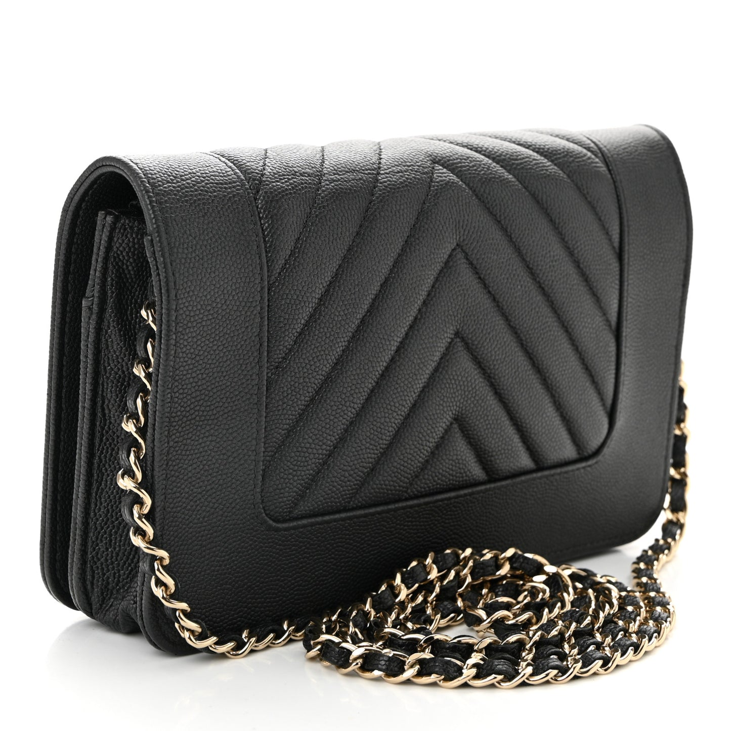 Metallic Caviar Chevron Quilted Vintage Mademoiselle Wallet On Chain WOC Charcoal