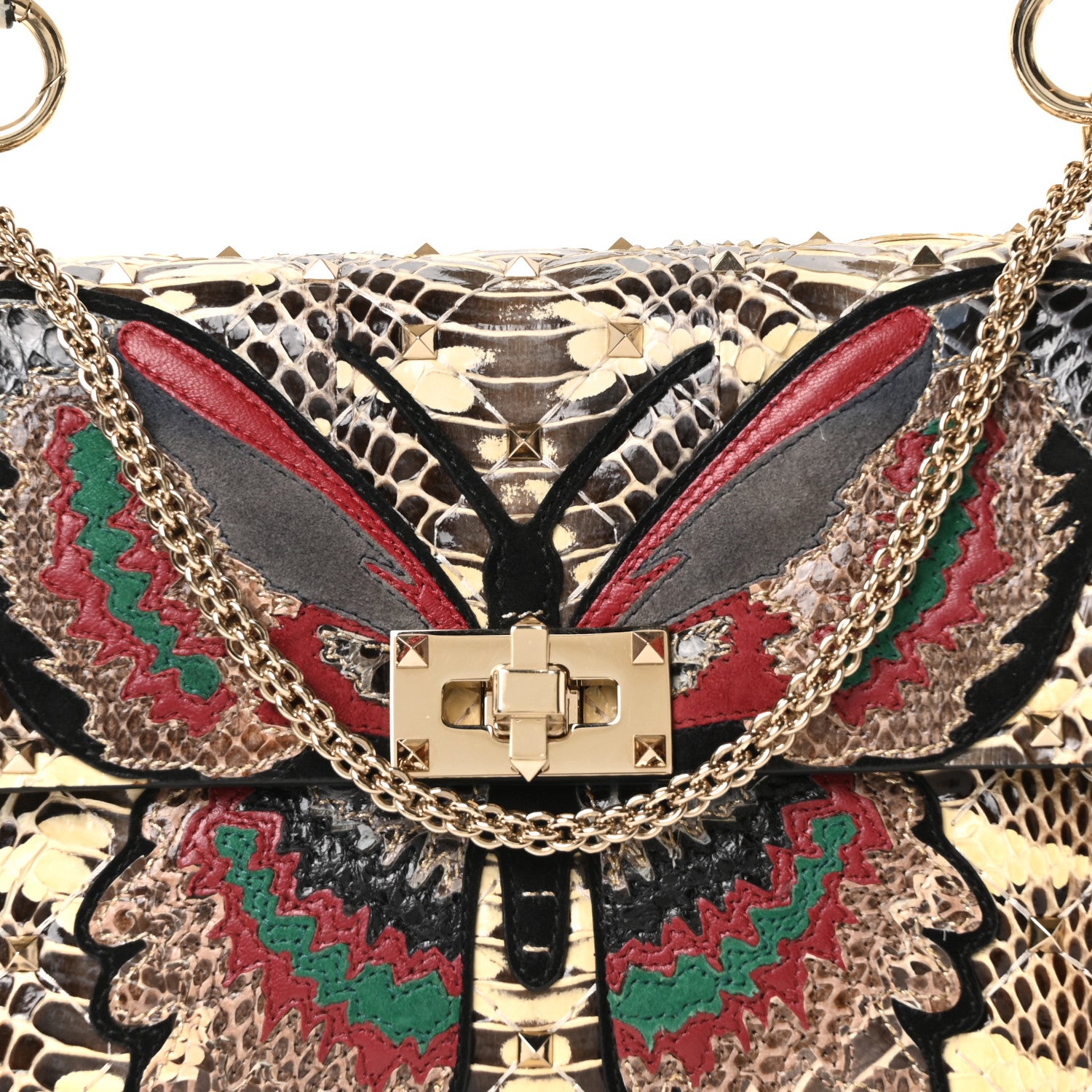 Valentino Garavani Snakeskin Lambskin Butterfly Medium Rockstud Spike Shoulder Bag Beige Multicolor 7 of 9