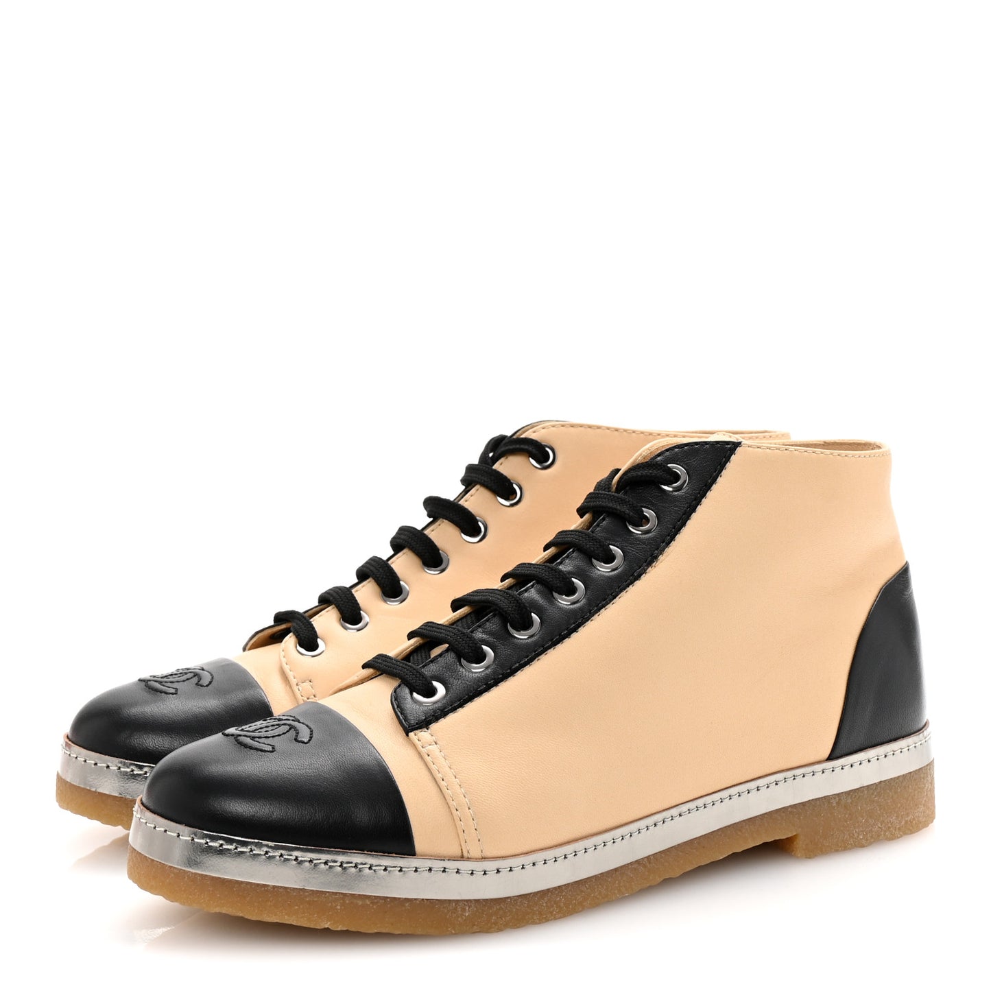 Lambskin CC Lace Up Short Boots 40 Beige Black