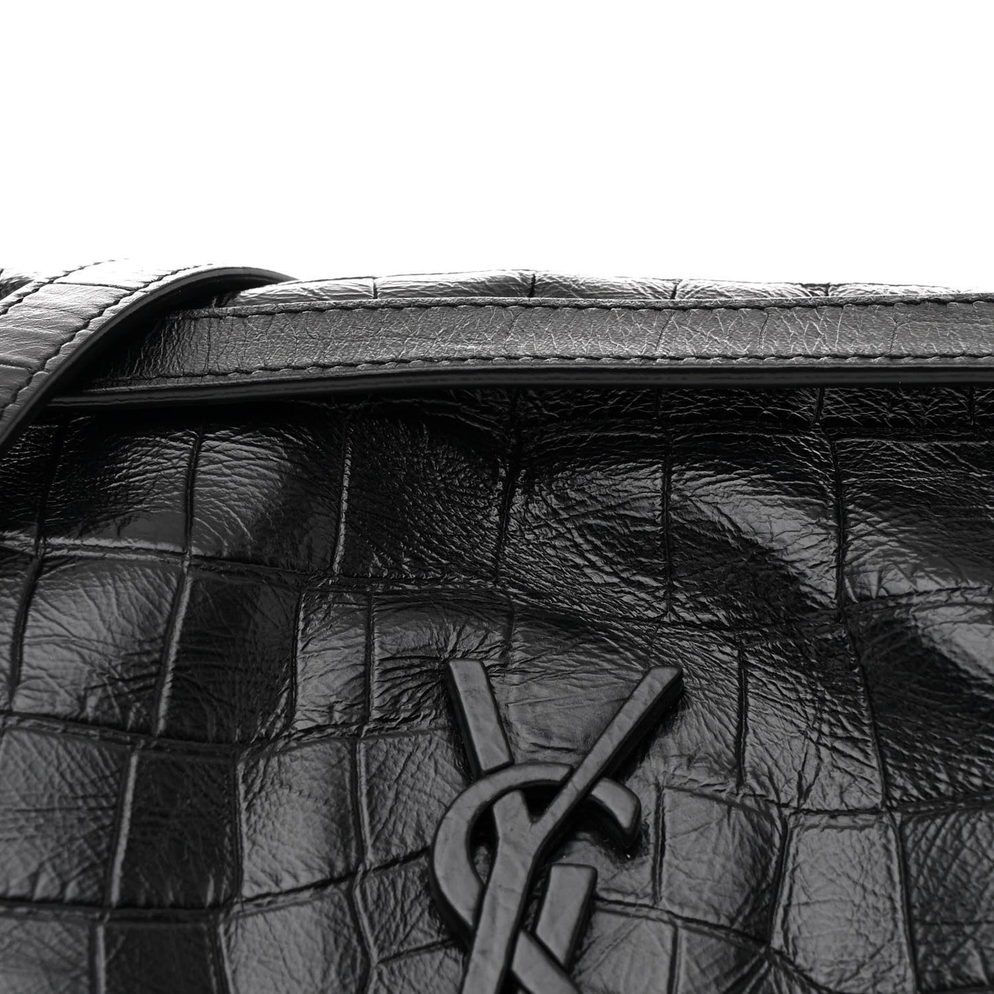 Crocodile Embossed Lambskin Monogram Medium Niki Chain Satchel Black