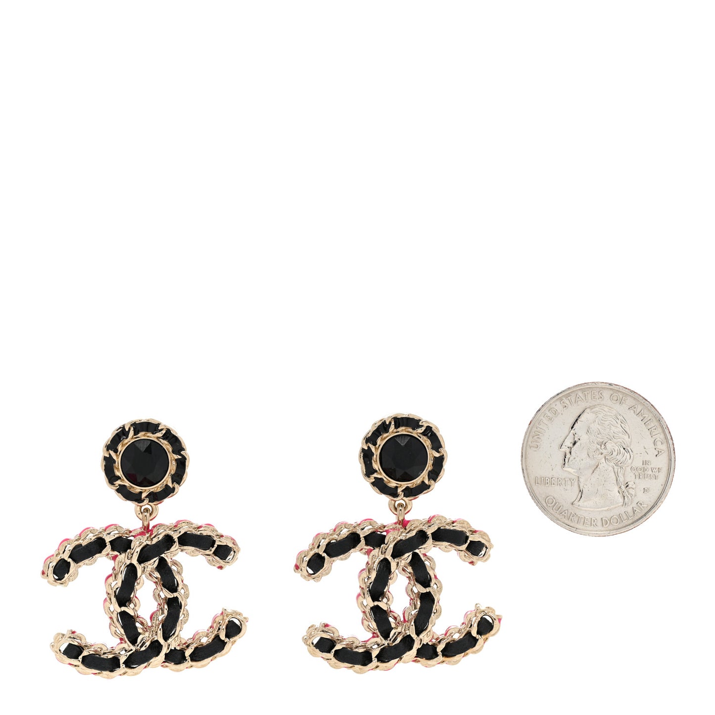 Metal Lambskin CC Chain Drop Earrings Gold Pink