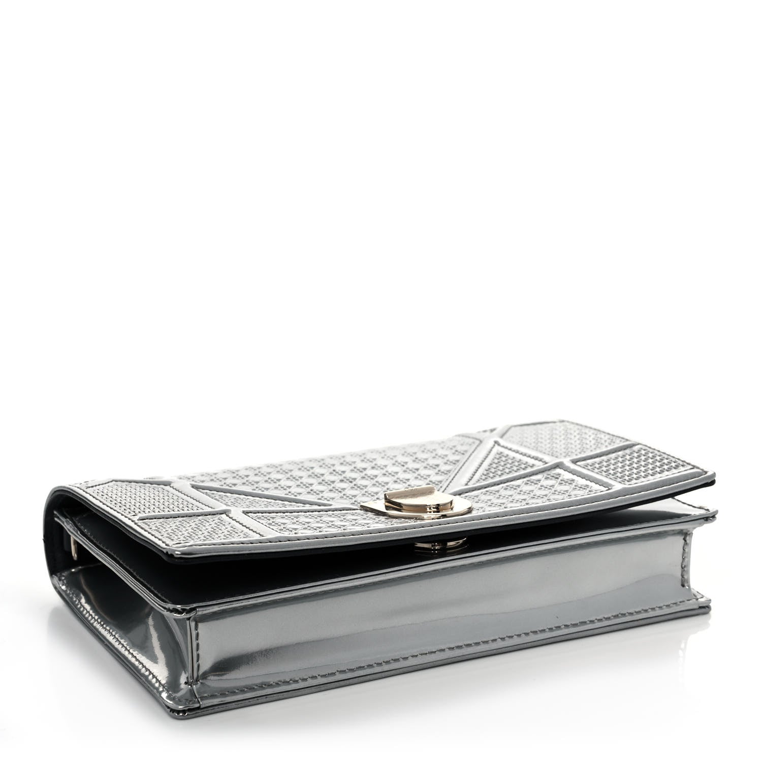 Christian Dior Metallic Patent Micro-Cannage Diorama Wallet on Chain Pouch Silver 4 of 11