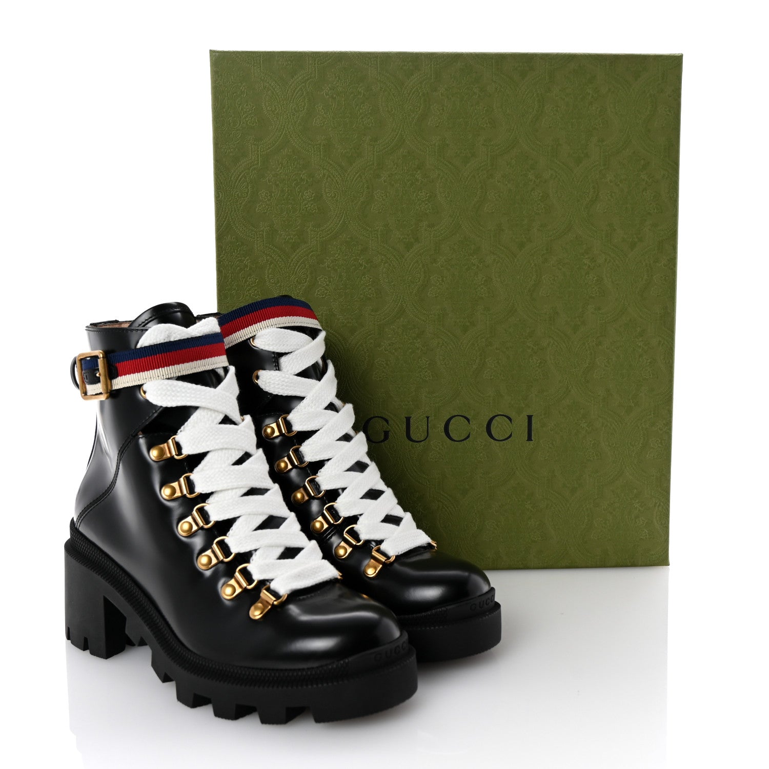 Gucci Calfskin Sylvie Web Lace Up Combat Boots 35 Black 1681550