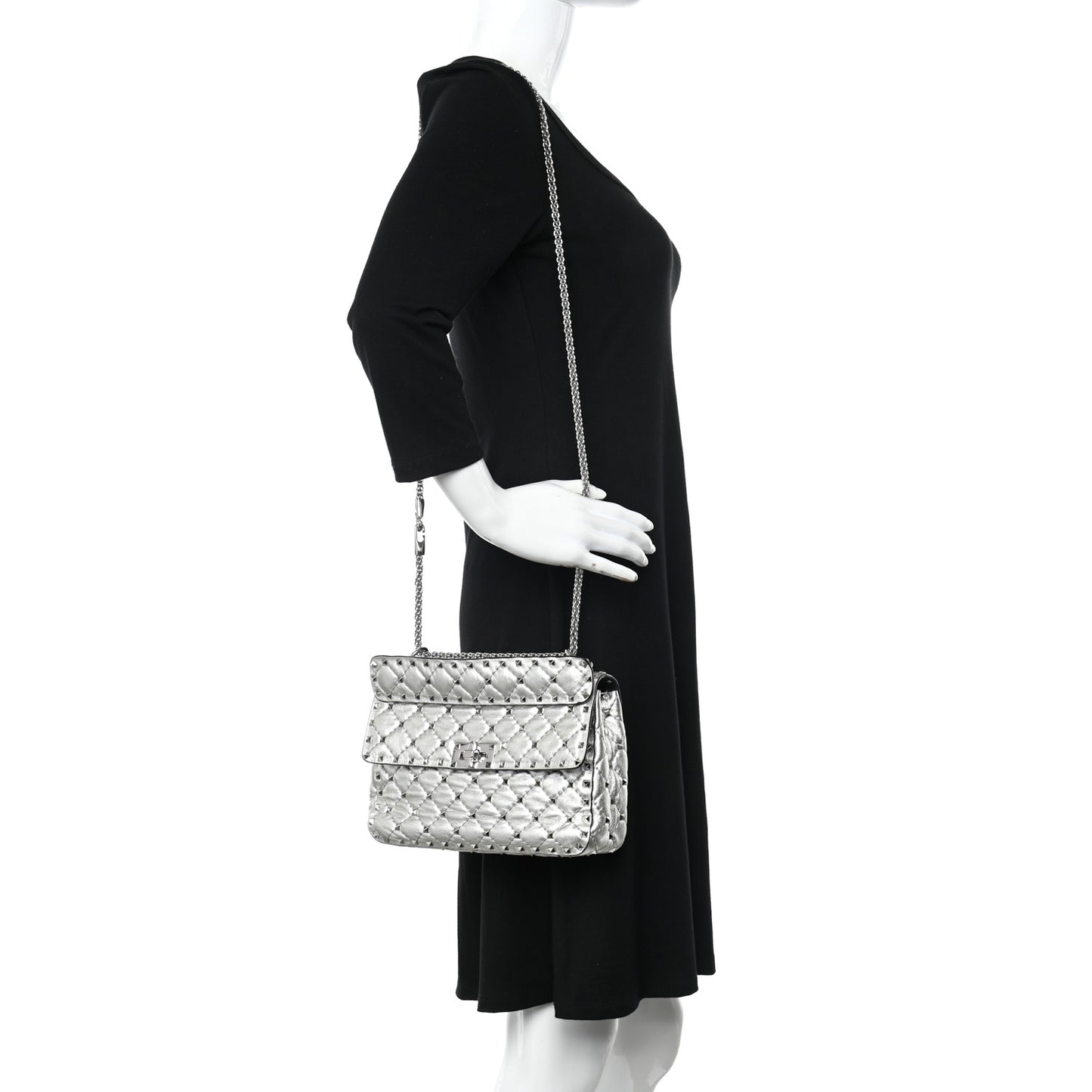 Metallic Nappa Medium Rockstud Spike Shoulder Bag Silver