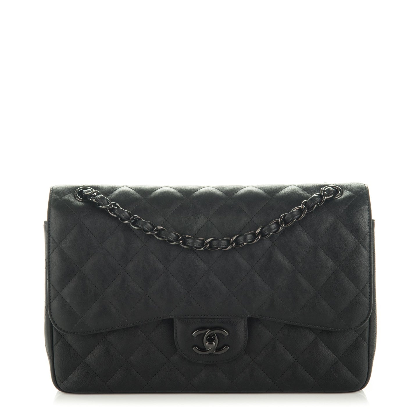 Crumpled Calfskin Quilted Jumbo Double Flap So Black