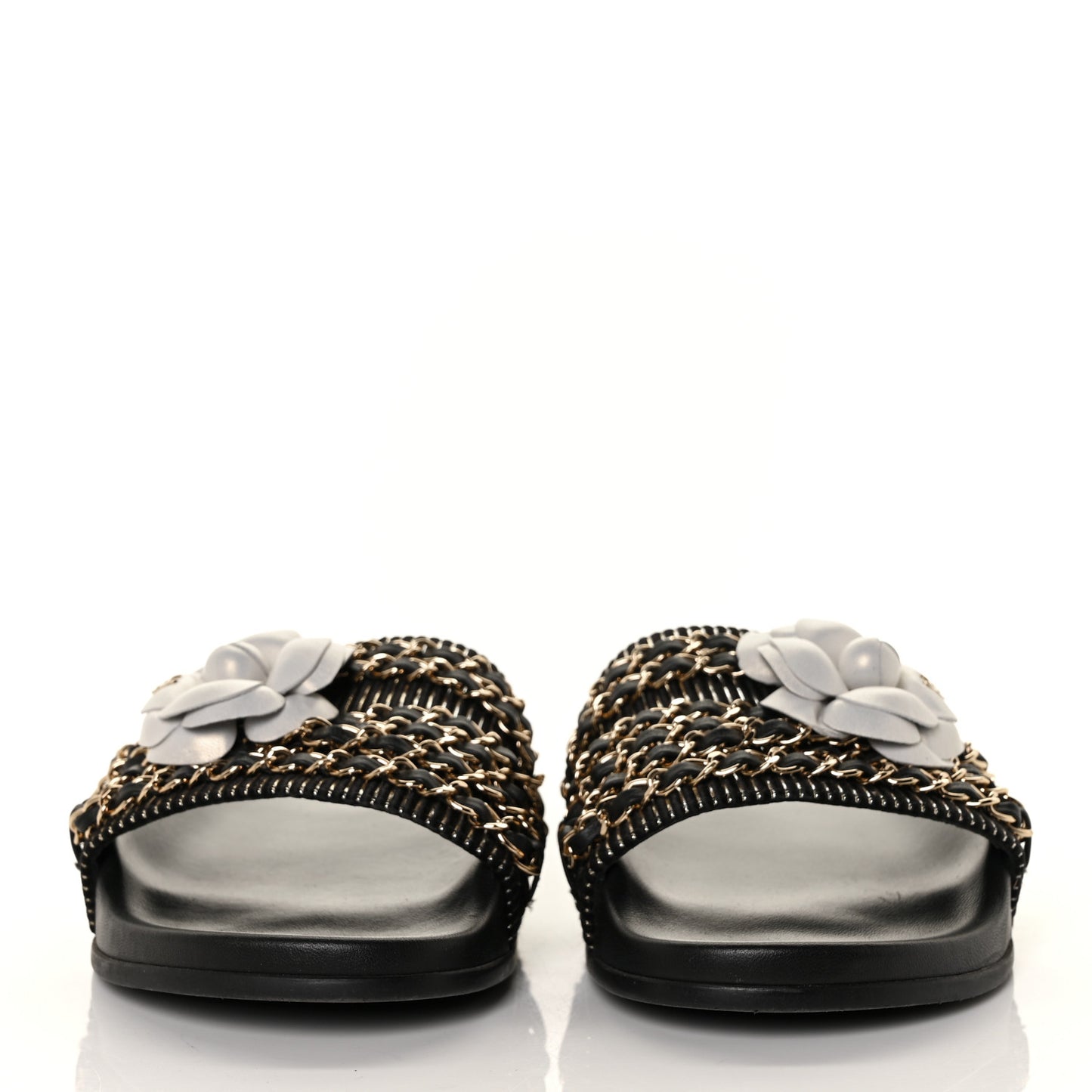 Calfskin Chain Camellia Flat Sandals 39 Black