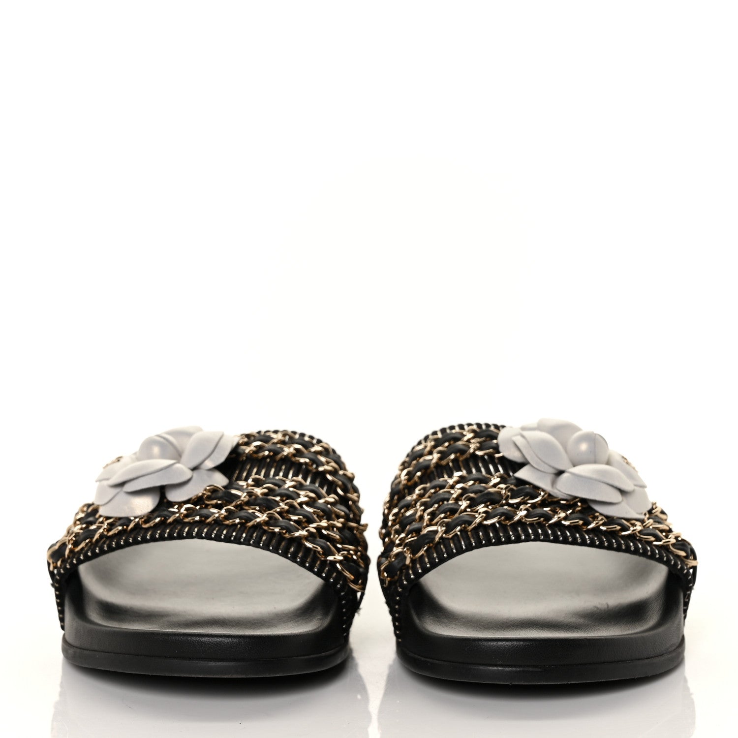 Chanel Calfskin Chain Camellia Flat Sandals 39 Black 2 of 9
