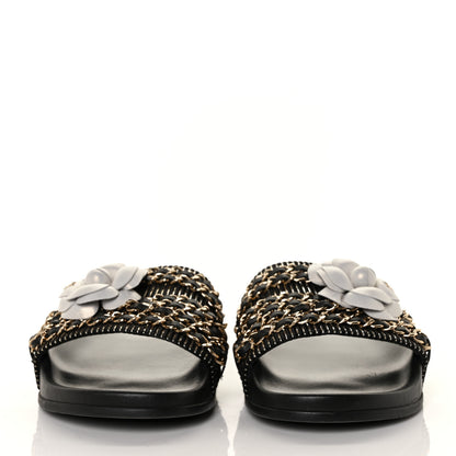 Chanel Calfskin Chain Camellia Flat Sandals 39 Black 2 of 9