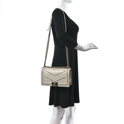Chanel Crumpled Calfskin Chevron Medium Chain Boy Flap Ivory 2 of 13