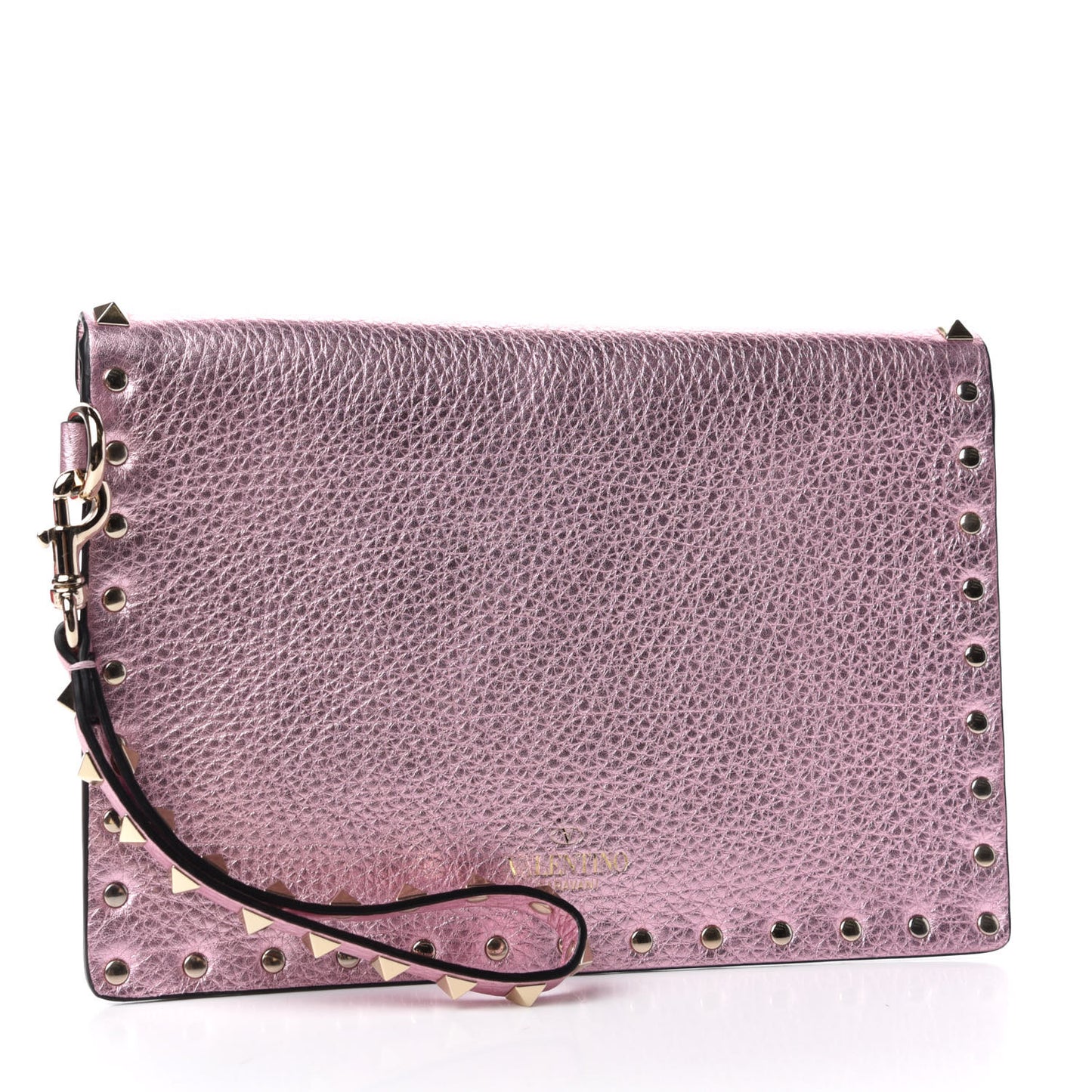 Metallic Pebbled Calfskin Medium Rockstud Envelope Flat Wristlet Pouch Giacinto