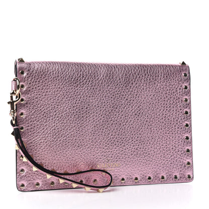 Valentino Garavani Metallic Pebbled Calfskin Medium Rockstud Envelope Flat Wristlet Pouch Giacinto 3 of 7