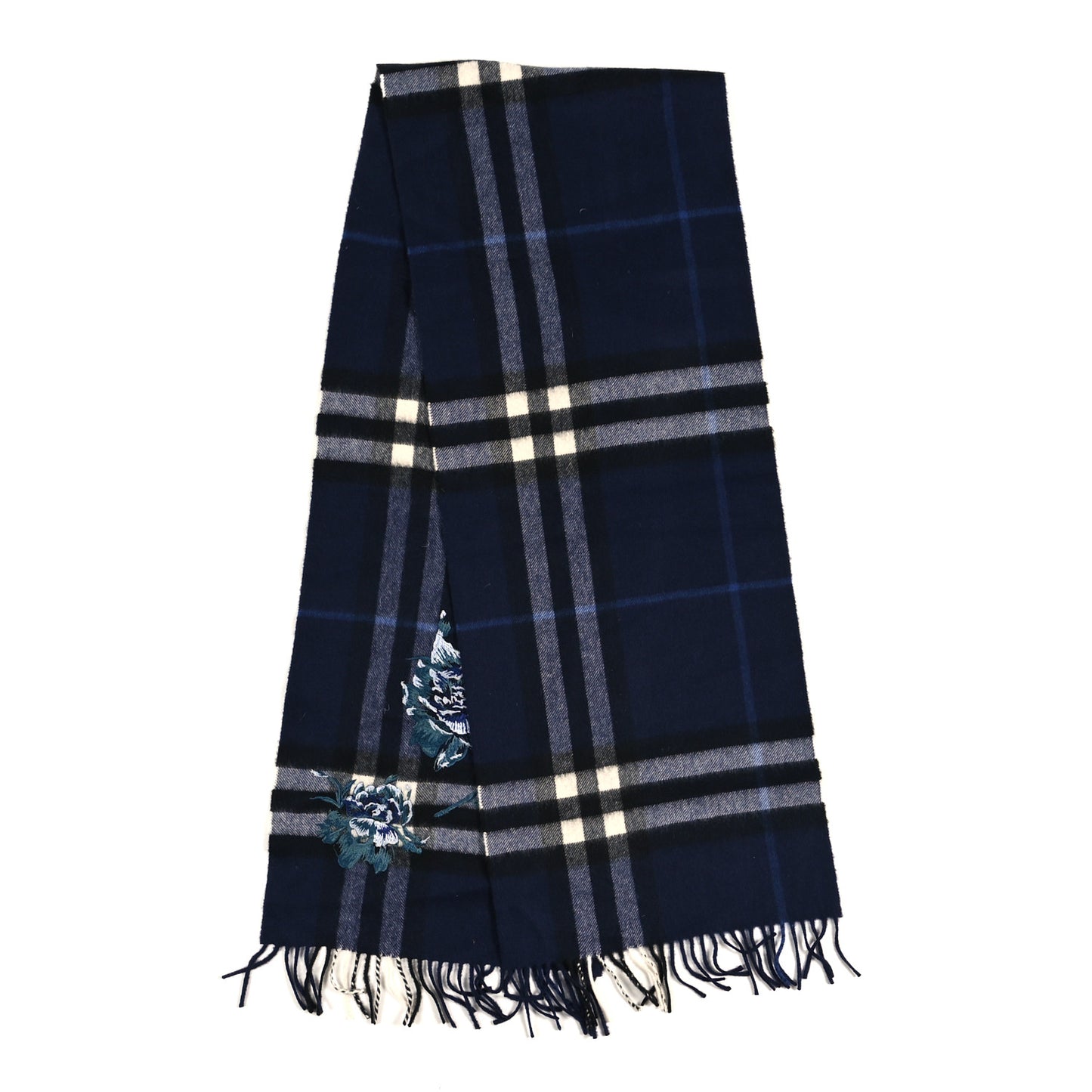 Cashmere Peony Flower Embroidered Classic Check Fringe Scarf Dark Grey Blue