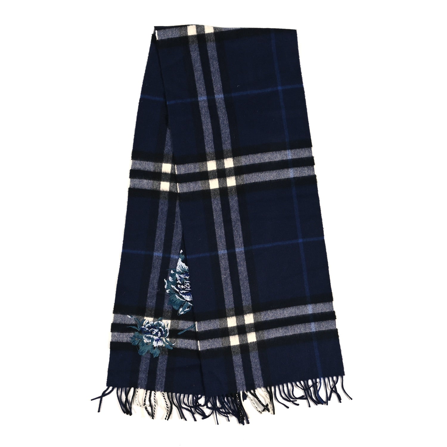 Burberry Cashmere Peony Flower Embroidered Classic Check Fringe Scarf Dark Grey Blue 2 of 4