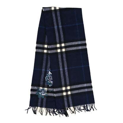 Burberry Cashmere Peony Flower Embroidered Classic Check Fringe Scarf Dark Grey Blue 2 of 4