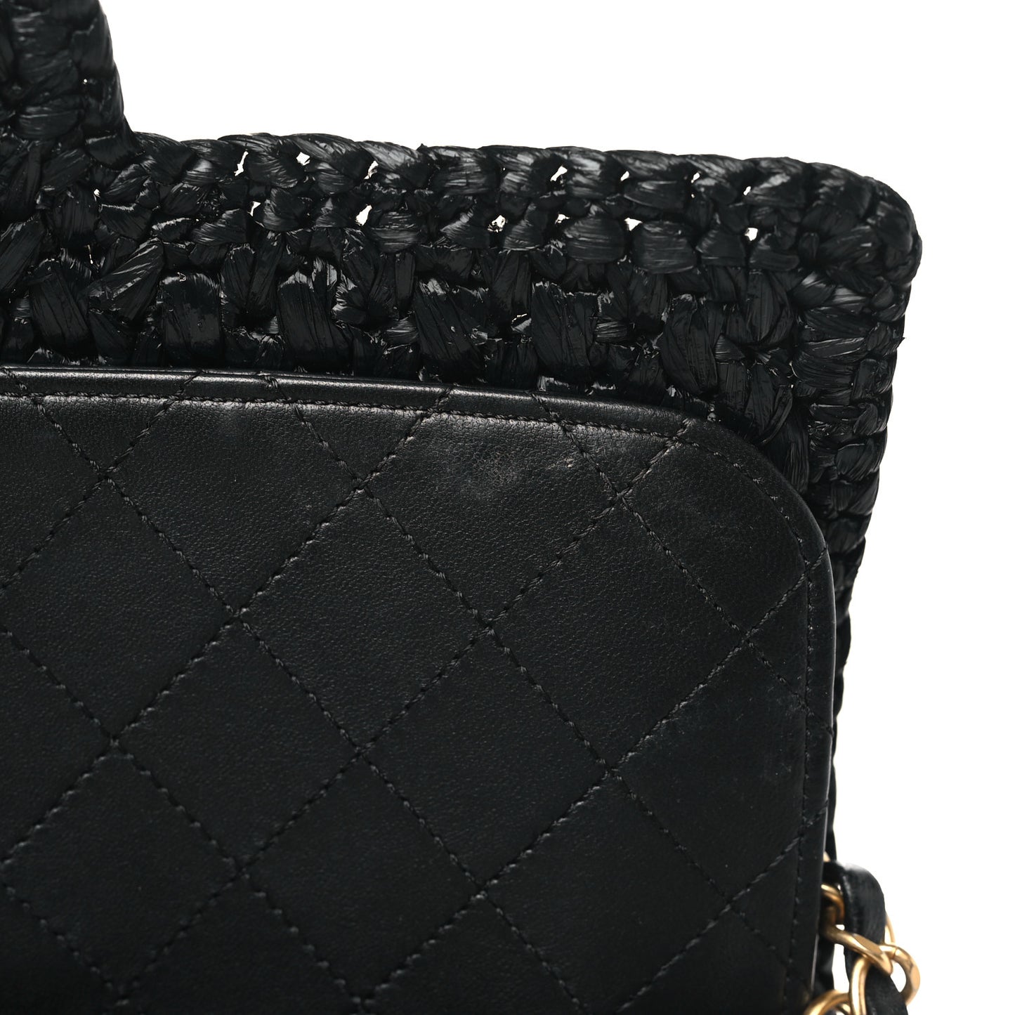 Raffia Effect Medium Tweedy Flap Bag Black White