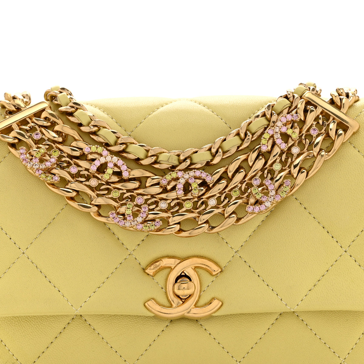 Chanel Lambskin Quilted Mini CC Crystal Logo Chain Flap Yellow 8 of 11