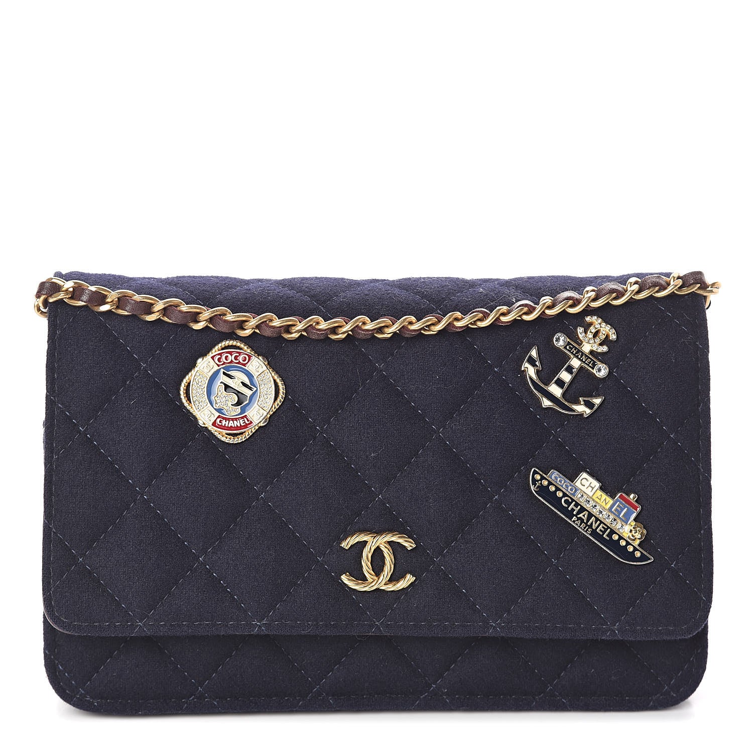 Chanel Felt Quilted Paris-Hamburg Charms Wallet On Chain WOC Dark Navy 1 of 11