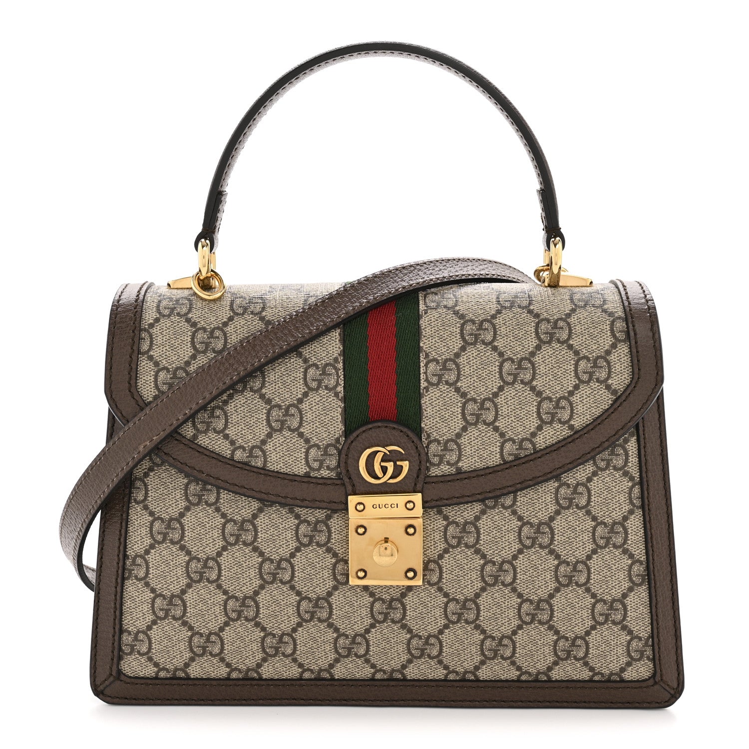 Gucci GG Supreme Monogram Textured Dollar Calfskin Web Small Ophidia Padlock Top Handle Bag Beige Ebony New Acero 1 of 11